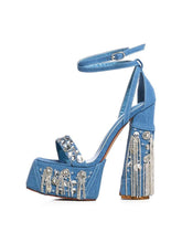 Rhinestone Fringe Single Band Open-toe Buckle Denim Platform Sandals With Adjustable-strap